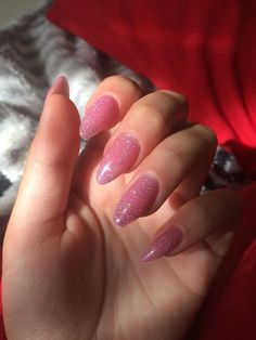 Light Pink Sparkly Almond Nails, Pink Sparkly Nails Acrylic, Marin Kitagawa Nails, Pink Glitter Dip Nails, Sparkle Nail Ideas, Pink Glitter Acrylics, Light Pink Sparkly Nails, Glittery Pink Nails, Sparkly Pink Nails