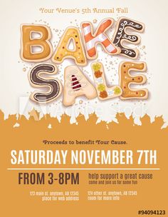 a flyer for an event with the words bake sale written in large letters and decorated cookies