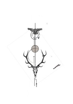 a drawing of a deer's head with two birds on it and an arrow in the middle