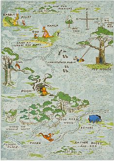 the winnie the pooh map is shown with animals and trees on blue groundcloth