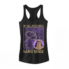 Kronk and Yzma are in hot pursuit of the Disney Emperor's New Groove Kronk Make Sense Black Racerback Tank Top! Kronk's quote "By All Accounts, It Doesn't Make Sense" reminds you of his unexplained capture of Pacha and Kuzco on this funny fitted black Kronk tank top. Emperor's New Groove, The Emperor's New Groove, Emperors New Groove, New Groove, The Emperor, Tank Girl, Disney Shirts, Make Sense, Black Media