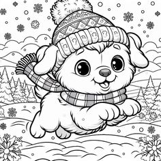 a coloring page with a dog wearing a hat, scarf and mittens in the snow