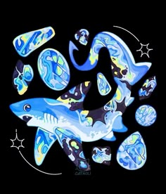 an image of some animals that are in the air together on a black background with stars and circles around them