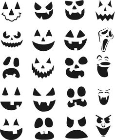 halloween pumpkins and jack - o'- lanterns are shown in black on white