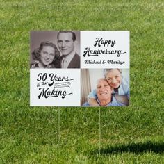 a happy anniversary sign in the grass with two photos on it and an old couple