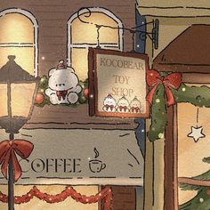 a painting of a teddy bear sitting on top of a coffee shop sign in front of a christmas tree