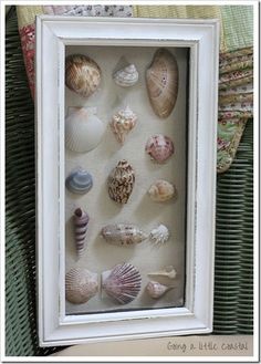 a white frame filled with sea shells sitting on top of a bed next to a pillow