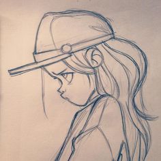 a drawing of a girl with a baseball cap on her head