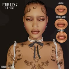 an animated image of a woman with tattoos on her chest and three different facial features