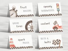 four cards with pictures of different types of vehicles and words that say, speed, race, sandwhiches, coolant, nuts & bolts