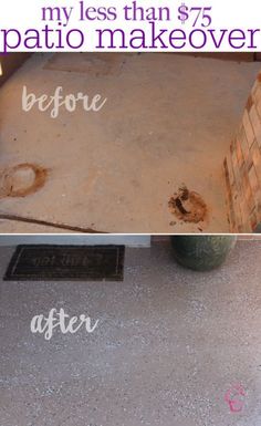 the before and after photos of a patio makeover with concrete flooring in front of a brick wall