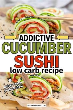 cucumber sushi with chopsticks on top and the title above it