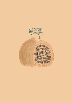 an onion with the words'the goshel in green on it, and two halves