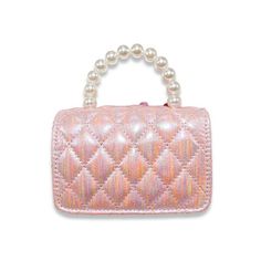 This pink iridescent purse is the definition of royal style! With a glimmering crown, charm bow and tulle polka dots, our quilted purse is perfect for your little princess! Comes with detachable gold chain. 5.5" Length x 4" Height x 2" Width Pink Quilted Bag For Gift, Pink Quilted Evening Bag, Elegant Quilted Pink Bag, Quilted Rectangular Party Bag, Party Rectangular Quilted Bag, Elegant Quilted Party Bag, Hair Clip Holder, Pink Crown, Quilted Purses