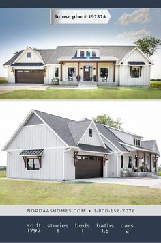 two story house plans with garage and living room in the front, side by side