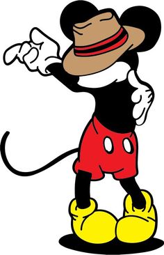 a cartoon mickey mouse wearing a hat and red shorts with his arms in the air