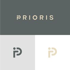 the logo for prioris is shown in three different colors and font styles, including gold