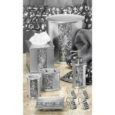 Update the look of your bathroom with this 5 piece bath ensemble sure to fit any bathroom decor. Set includes 1 waste basket, 1 lotion pump, 1 tooth-brush holder, 1 tumbler and 1 soap-dish holder. Size: Pump lotion, toothbrush holder, tumbler, tissue cover, wastebasket.  Color: Gray. Silver Shower Curtain, Bling Bathroom, Silver Bathroom Decor, Silver Bathroom Accessories, Silver Bath, Glamorous Bathroom, Glam Bathroom, Silver Bathroom, Modern Bathroom Accessories