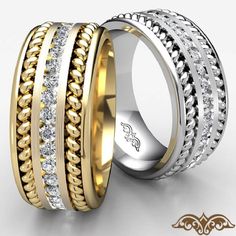 two gold and silver wedding rings with diamonds on each side, set against a white background