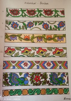 an open book with different colored designs on the pages, including flowers and leaves in various colors