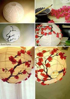 four pictures showing how to make a paper lantern with flowers and branches on it, along with instructions for making the lanterns