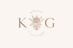 the letter k g is made up of flowers and leaves, with brown lettering on white paper