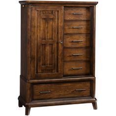 a wooden armoire with drawers and doors on the bottom shelf, against a white background