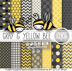 gray and yellow bee digital paper pack