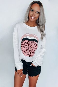 Lip Leopard Tounge Print Sweatshirt Casual Sweater With Graphic Print For Fall, Trendy White Long Sleeve Sweatshirt, Trendy White Sweatshirt, Spring Stretch Sweater With Graphic Print, Trendy Winter Crew Neck T-shirt, Trendy Graphic Print Tops For Leisure, Casual Graphic Print Tops For Leisure, Casual White Stretch Sweater, White Casual Stretch Sweater