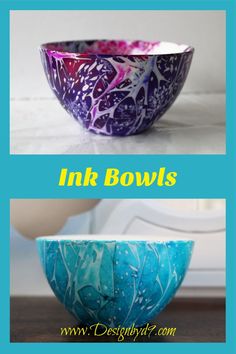 two bowls with different designs on them, one is blue and the other is purple