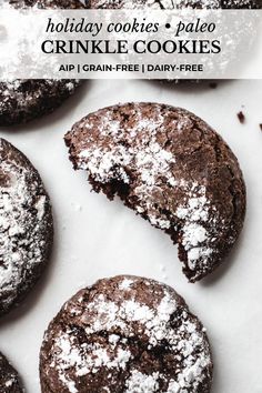 chocolate cookies with powdered sugar on top and the words holiday cookies pale crinkle cookies