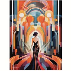 a woman is standing in front of an art deco poster that features abstract shapes and colors