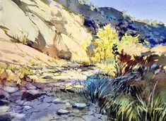 a watercolor painting of a stream in the mountains