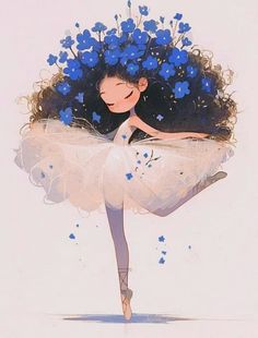 a drawing of a ballerina with blue flowers in her hair and tutu skirt