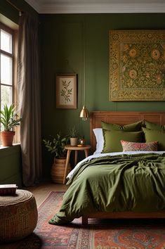 a bed with green sheets and pillows in a bedroom next to a painting on the wall