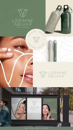 a collage of logos, business cards and other items for a skin care company