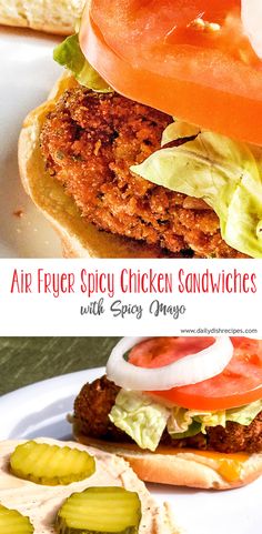 an air fryer spicy chicken sandwich with spicy mayonnaise and lettuce