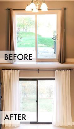 before and after photos of curtains in a living room with sliding glass doors that open