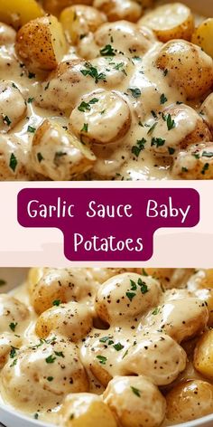 garlic sauce baby potatoes in a white bowl