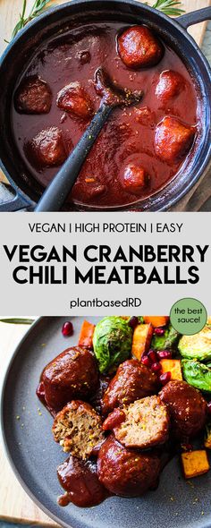 vegan cranberry chili meatballs in a cast iron skillet