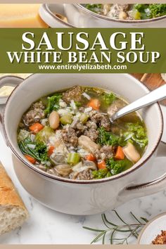 sausage white bean soup in a bowl with bread on the side and green text overlay