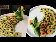 two plates with food shaped like peacocks on them and one is made out of vegetables