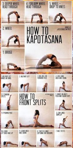 a woman doing yoga poses with the words how to kapotassana on it