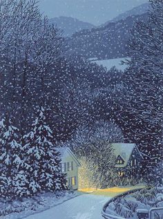 a painting of a snow covered road with houses and trees in the background at night