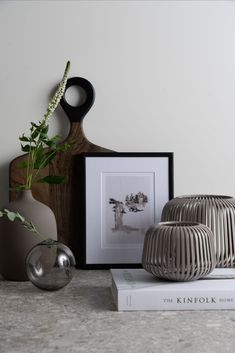 two vases sitting on top of a table next to a book and some plants