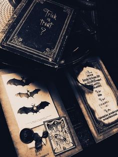 an open book with bats on it and some other items in front of the book