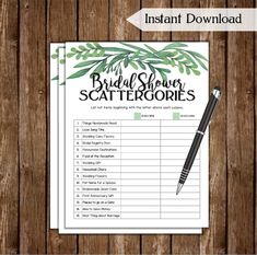 the printable bridal shower scatterer is on top of a wooden table