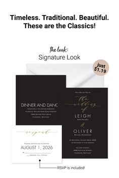 the wedding stationery is shown in black and gold