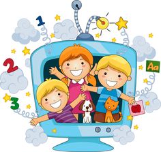 three children are standing in front of a television with numbers and stars around them,