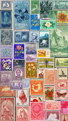 many different postage stamps are arranged together